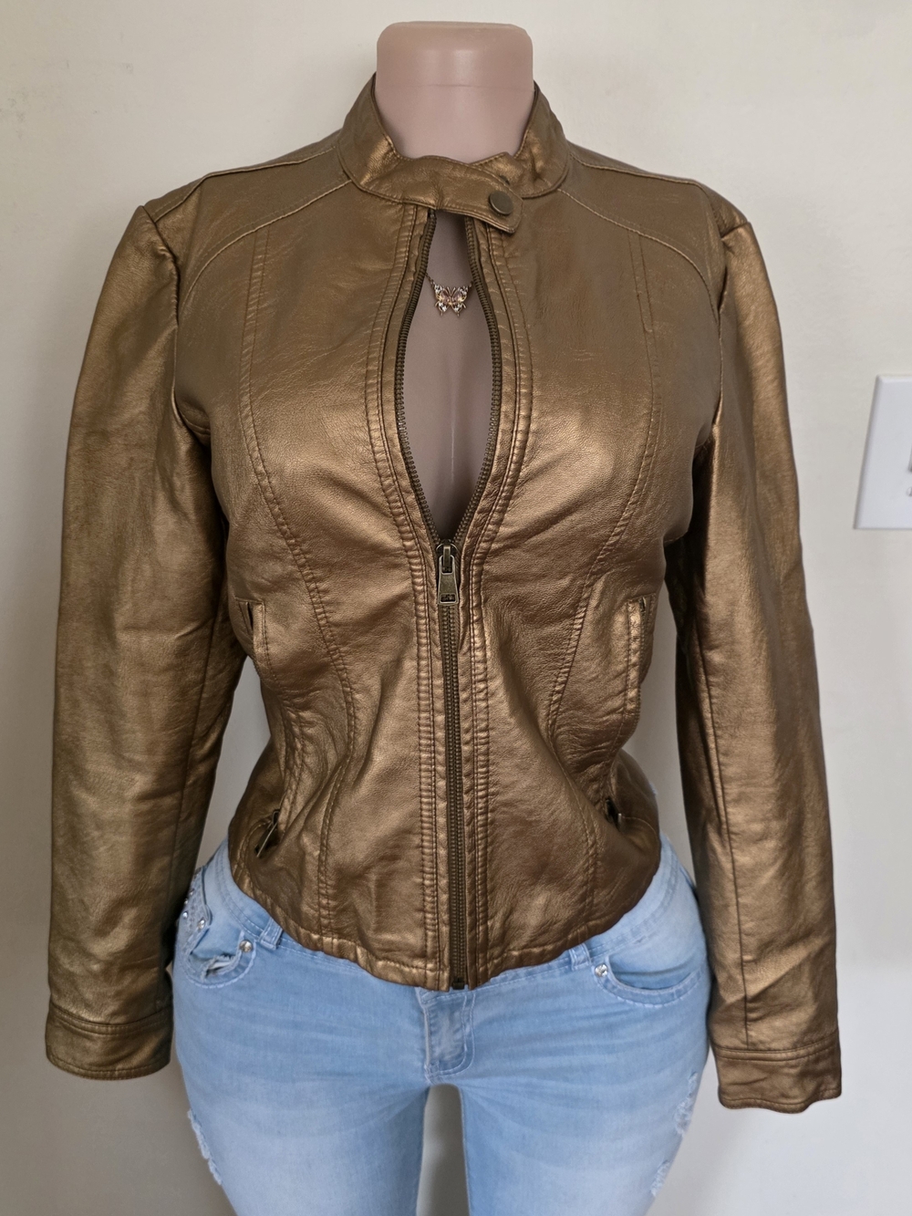 Baccini Metallic Bronze Gold Leather Moto Jacket